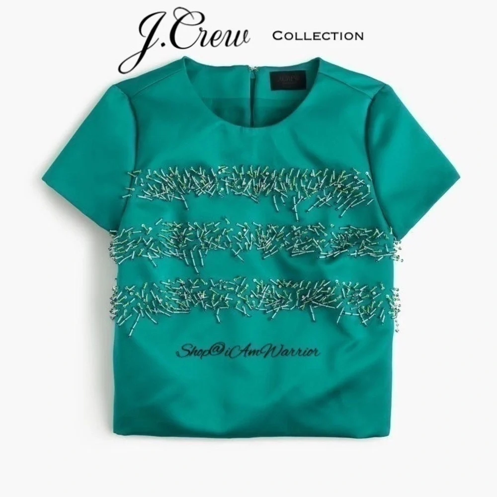 J.Crew Collection NWT Beaded Satin Top Teal Emerald Green Crystal Embellished